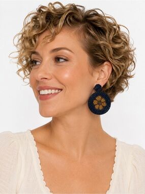 Kay Lee New York Navy Blue Gold Floral Beaded Statement Earrings